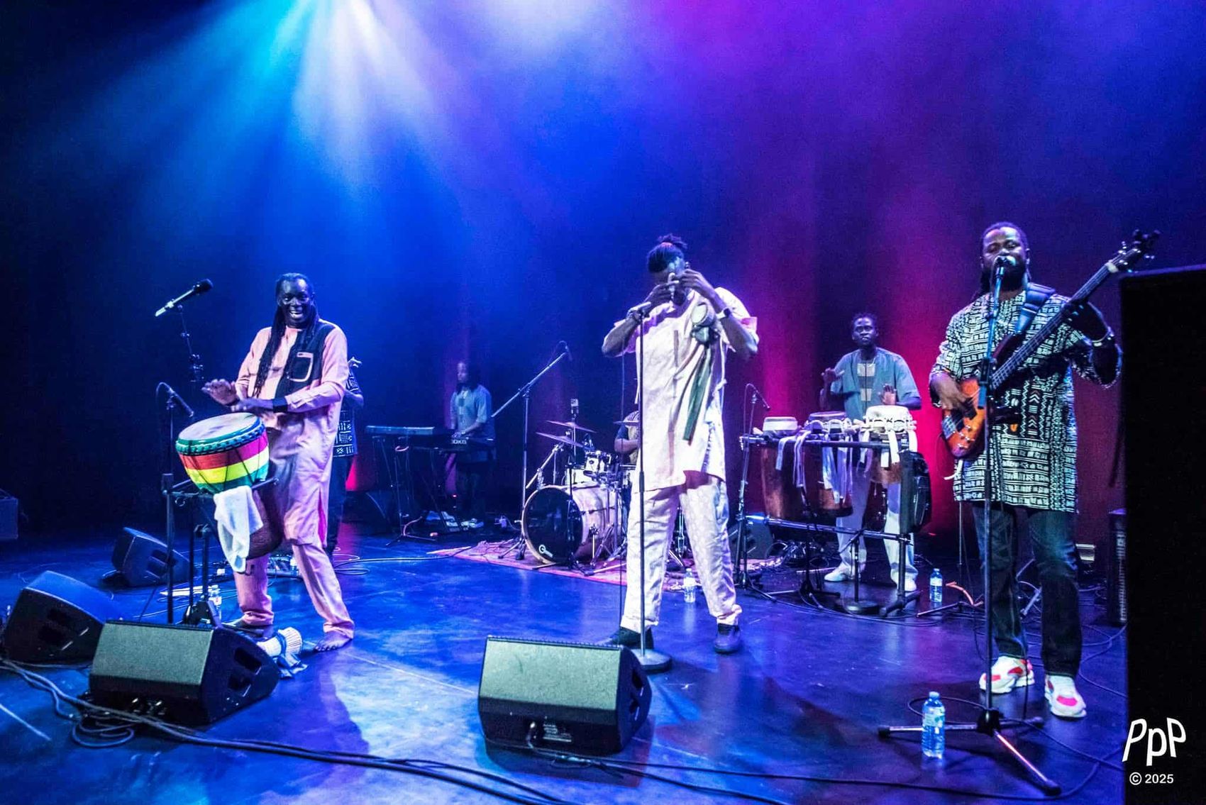 Le groupe de Zale Seck en concert, sous des lumières bleues et roses.